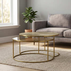 <b>Nested</b> Design Modern <b>Round</b> <b>Coffee</b> <b>Table</b> With Marble and Glass Top in Metal Brass Finish Frame For Living Room Furniture - Product Image 1