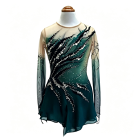 Costume de patinage artistique vert foncé dégradé avec strass, manches longues en maille pour la performance de danse sur glace en compétition