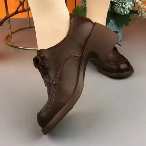 2025 Spring Autumn British Style Women's Genuine Cowhide Leather Loafers Medium High Heel <b>Lace</b>-Up Chunky <b>Shoes</b> with Thick Heel - Product Image 5