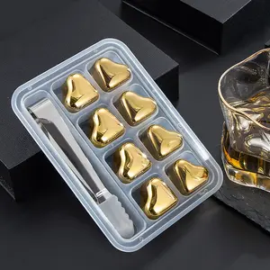 Pedra de uísque em forma de coração dourada personalizada, conjunto de pedras de metal reutilizáveis para presente, fornecedor IWIN, pedras de resfriamento para uísque, bourbon e vinho