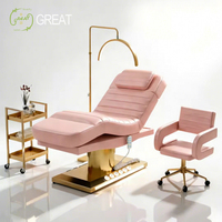 Fauteuil de massage électrique de luxe en cuir PU avec base dorée, mécanisme de levage, lit de beauté moderne pour spa et extensions de cils avec éclairage