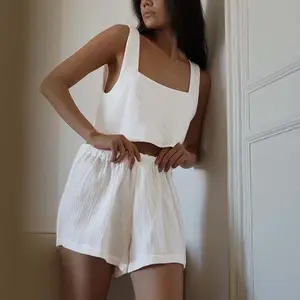 Custom 2023 Summer New Crepe Cotton Home Clothes Comfortable Vest Shorts Set White Ladies Square Neck Linen Tank Tops Outfits