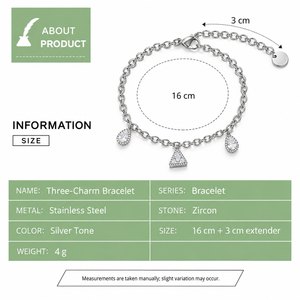 Bracelet à trois breloques en zircon, chaîne à maillons ovales plaquée or 14 carats avec pendentifs poire et triangle, options couleur or et argent, pour femme - Product Image 2