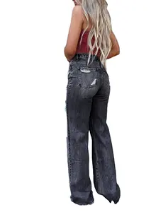 Premium Quality High Waisted Flared Jeans Distressed Denim Internet Red Long Pants for Women