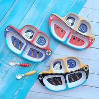 Ensemble d'ustensiles mignons et sûrs en fibre de bambou pour enfants, assiette compartimentée à motif dessin animé pour bébé, cuillère à aliments complémentaires motif avion pour usage domestique
