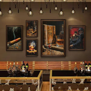 Peinture à l'huile décorative rétro nostalgique sur le thème de la musique, des bars, de la culture du vin, des cocktails, des spiritueux étrangers, du whisky et des cigares, encadrée et à suspendre - Product Image 1