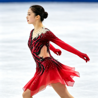 Robe de patinage artistique à imprimé flamme rouge et noir, manches longues, dos profondement ouvert, jupe ornée de strass pour compétition et performance des adultes et des enfants