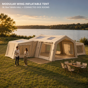 Tente <span class=keywords><strong>gonflable</strong></span> modulaire à ailes de 18,16 m en coton TC 210g, abri de glamping quatre saisons imperméable avec colonnes d'air de 16 cm, lucarnes latérales - Product Image 1