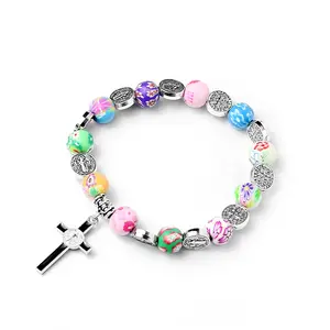 KOMI Wholesale 8mm polymer clay rosary beads bracelet hand string elastic bracelet with cross Charm St.Benedict Beaded Bangles