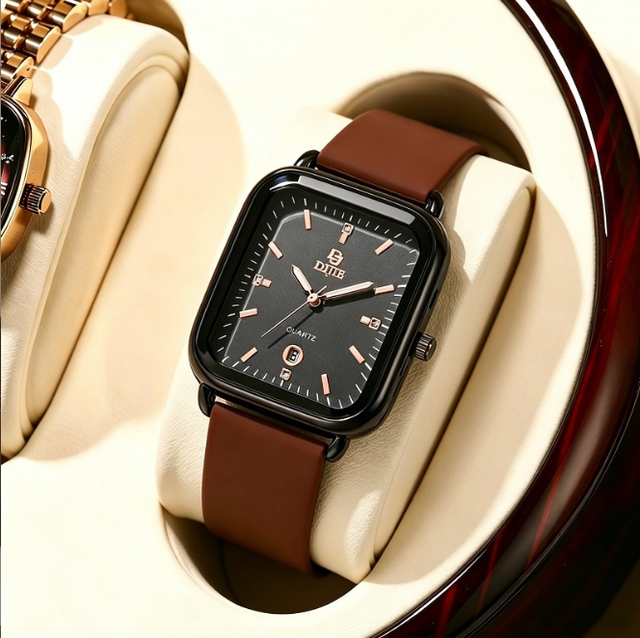 Premium Fashion Square Quartz Analog Watch Alloy Case Silicone Band Mineral Glass 20m Water Resistant 40mm Calendar Integrated