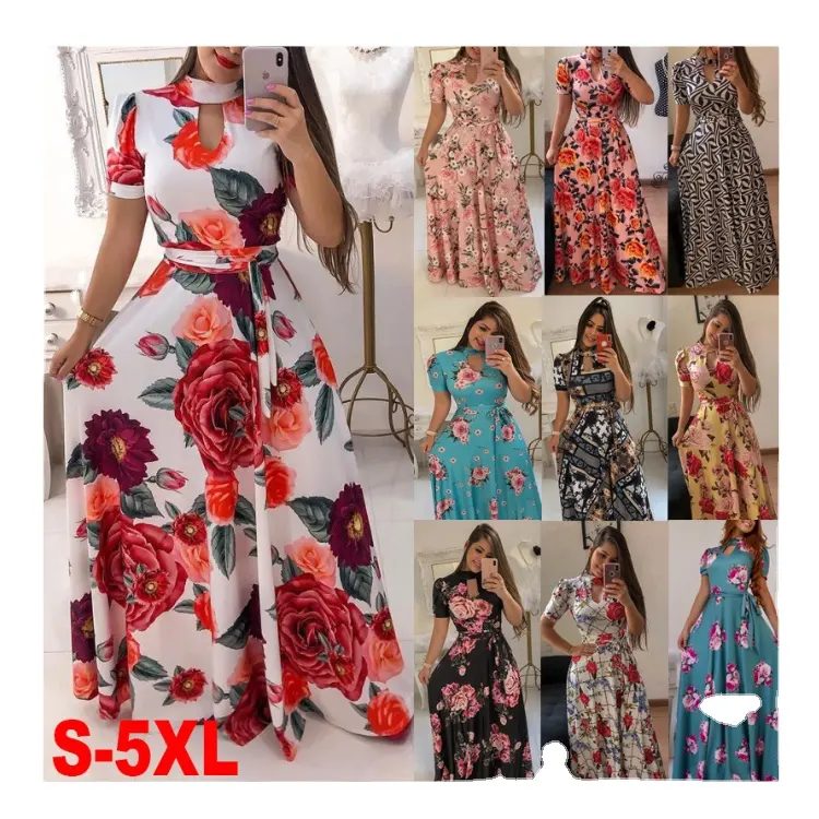 Women's Floral Printed Maxi Dress Short and long Sleeve Casual Swing Long Maxi Dress with Belt XXXXXL Plus Size Womens Dress