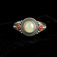 Bague en Agate Vintage Personnalisée pour Femme, Plaqué Argent Antique, Bague Ouverte Ajustable, Style Artisanat Rétro, Accessoire de Mode