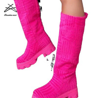 Plus la Taille 36-43 De Luxe Designer Bottes Femmes Long Genou Longueur Marques Femmes de Velours Bottes Moto Bottes Pour Femmes