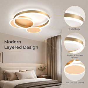 Plafonnier LED moderne en forme d'anneau doré, en acrylique et métal, à montage en surface, télécommande, variateur de lumière, tricolore, pour chambre et salon - Product Image 2