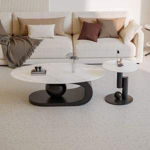 Set di Tavolini da Caffè a Foglia di Produzione Cinese, Tavolino Ovale Bianco <span class=keywords><strong>e</strong></span> <span class=keywords><strong>Oro</strong></span> per Soggiorno - Product Image 4