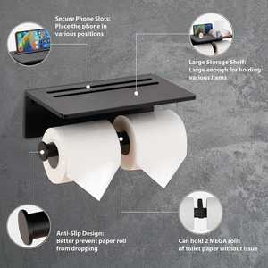 Moderno Portarrollos de Papel Higiénico Doble de Aluminio Espacial Autoadhesivo Negro con Estante - Product Image 4