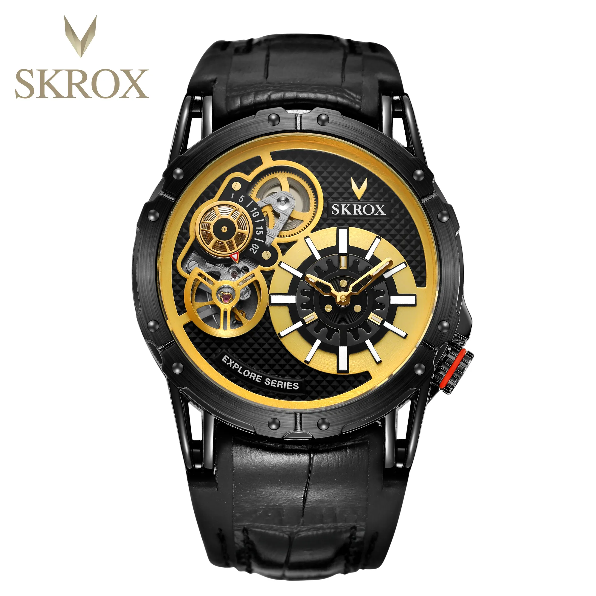 SKROX Watches Men Fashion Automatic Quartz Watch Leather Strap Luminous Watch Man Relogio Hombre