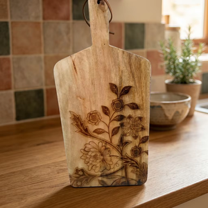 Natural Wooden Cutting Board Rectangle Design with Convenient Handle and Elegant Floral Pattern for <b>Kitchen</b> Use Food Chopping - Product Image 1