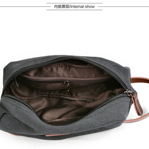 Wholesale Vintage Style Men's Travel Dopp Kit Shaving Bag Water Resistant Canvas Leather Makeup Pouch with Zipper Closure - Product Image 6
