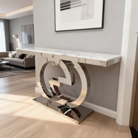 Table console luxueuse de style chinois moderne avec plateau en marbre et base en acier inoxydable brossé argenté pour la maison, le salon et la salle à manger