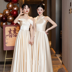Satin Bridesmaid Dresses Champagne Color A-Line Scoop Neck Natural Waistline Simple Style For Wedding Party - Product Image 4