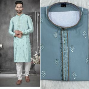 Pyjama Kurta pour homme en coton et soie de qualité supérieure avec broderie lourde Tenue élégante prête à l'emploi idéale pour l'exportation et les occasions - Product Image 3