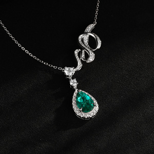 925 Sterling Silver Created Emerald Pendant <b>Necklace</b>, Pear Cut Halo Lab Emerald Snake Design Fine Jewelry for Women - Product Image 6