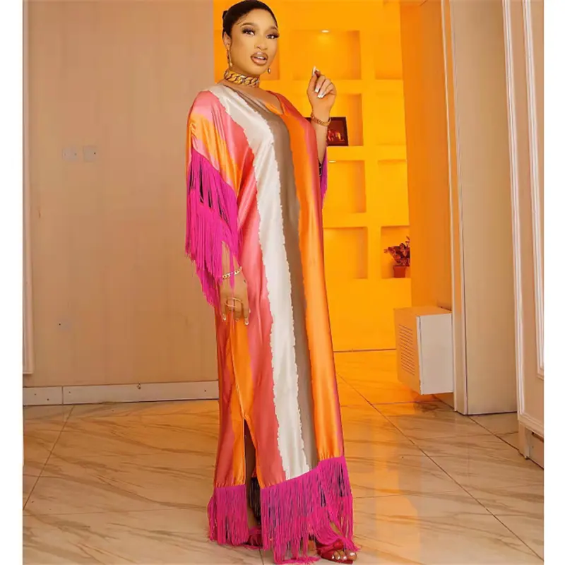 2022 New ethnic style silk stitching robe fringed fashion digital printing dress for women