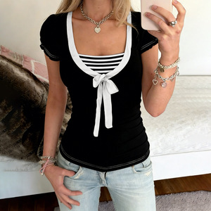 Camiseta de Manga Corta a Rayas de Primavera, Estilo Elegante, Top Ajustado a la Moda <span class=keywords><strong>con</strong></span> un Diseño Estilizado para Uso Diario - Product Image 2