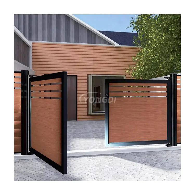 Exterieur Wpc Poort Hek Elektromotor Aluminium Metalen Instap Horizontale Composiet Hout Oprit Schommel Glijdende Tuinpoort