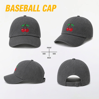 Gorra de Béisbol de Algodón Lavado con 6 Paneles y Bordado de Cereza, Personalizable con Logotipo, al por Mayor OEM/ODM, Ajustable, para Uso Diario