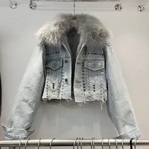 Winter Real Fox Pelz kragen Jeans jacke für Frauen Lose kurze Oberbekleidung mit Gürtel und Reiß verschluss