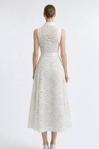 SHENGFU Design Originale Abito <span class=keywords><strong>Camicia</strong></span> in Pizzo Bianco per Donne, Elegante <span class=keywords><strong>Vestito</strong></span> Midi <span class=keywords><strong>Senza</strong></span> <span class=keywords><strong>Maniche</strong></span> con Motivi Floreali Traforati, Abito di Lusso per Feste - Product Image 2