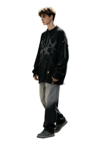 Sweat à capuche épais en tricot gaufré vieilli avec strass, effet délavé vintage, effet soleil et pulvérisation usée, style streetwear, décorations à rivets pour homme