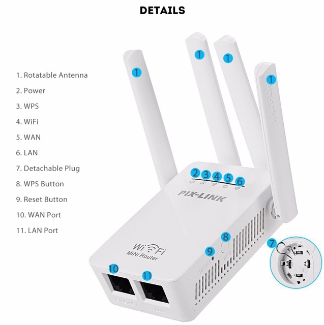 Stock Offer PIX-LINK LV-WR09 300Mbps WiFi Repeater Extender with WPS Function WEP Encryption for Home Use OEM & ODM