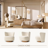 Fauteuil d'appoint pivotant OAKEN moderne en bouclette, base en bois massif, dossier incurvé, fauteuil lounge individuel pour salon et chambre à coucher