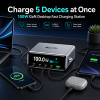 Station de charge de bureau 100W en gros, chargeur rapide GaN 5 ports USB-C avec affichage intelligent, chargeur multi-ports pour téléphones et tablettes