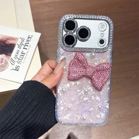 Coque de téléphone PC motif cœur pour iPhone 17 Pro Max, avec strass et nœud 3D, protection de l'appareil photo, personnalisable pour iPhone 16 15 14 13