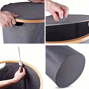 Hot-selling Round Collapsible Bamboo Frame Soft Cotton Fabric Dirty Clothes Organizer <b>Laundry</b> Storage <b>Hamper</b> with Lid - Product Image 6
