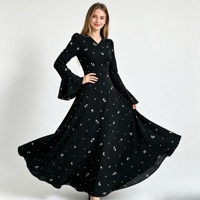 Robe longue évasée à imprimé floral pour femme, col en V, manches longues cloche, taille haute, coupe fluide, élégante pour soirée ou tenue décontractée