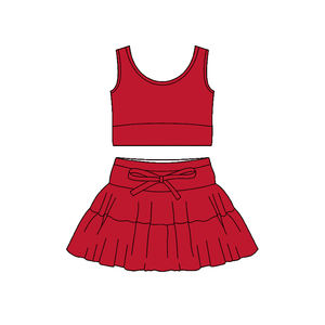 GSD3624 Tenues d'été personnalisées pour petite fille, jupe de yoga rouge unie, vente en gros de vêtements pour enfants en bas âge, ensemble de jupe en tissu - Product Image 1