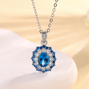 High-Grade Fashion Eco-friendly Copper Oval Cut 6*8mm Blue Zircon Pendant <b>Earrings</b> Flowers Design Necklace Jewelry <b>Set</b> for Women - Product Image 4