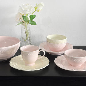 Vaisselle en céramique simple, bol et plat, couleur sous-glaçure, sens avancé, vaisselle en céramique pour la maison, plat à riz en relief, vaisselle en céramique perlée - Product Image 2