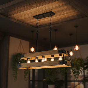 Lustre linéaire rustique à 5 lumières en bois et métal noir, éclairage suspendu industriel <span class=keywords><strong>pour</strong></span> îlot de <span class=keywords><strong>cuisine</strong></span> et salle à manger - Product Image 2