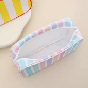 Sacs de maquillage pour femmes à rayures personnalisées, logo brodé, pochette cosmétique en toile, fermeture éclair personnalisée, grands sacs de toilette pour femmes - Product Image 3