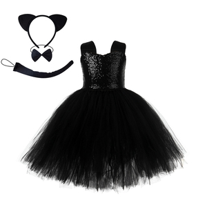 Costume di Halloween per Bambine, Vestito da Gatta Nera in 3 Pezzi, Abito Tutu per Travestimento, Costume di Carnevale e Halloween - Product Image 2