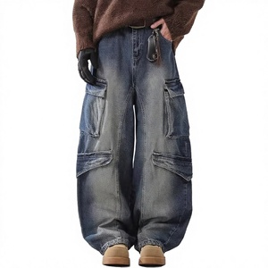 Theshow High Street Style Men's Vintage Denim Wide Leg Cargo Pants Loose Oversized OEM ODM Manufacturer's <b>Hip</b> Hop Washed Jeans - Product Image 3