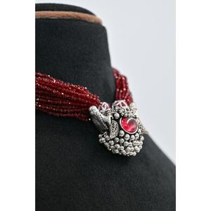Vintage 925 <b>Silver</b> Oxidised Jantar Necklace Red Crystal Inlay Claw Setting Women's Statement Jewelry Wedding Ethnic Party Wear - Product Image 3