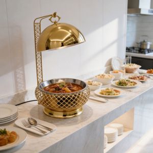 เตาอุ่นอาหารแบบแขวนฝาปิดทรงกลม สแตนเลส 8 ลิตร สีทอง สำหรับโรงแรม ร้านอาหาร - Product Image 3