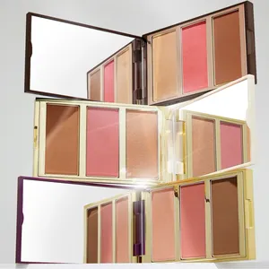 Paleta de blush personalizada com pó facial Trio para uso facial, com logotipo personalizado, sem talco, paleta de blush rosa em ouro vegano